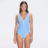 Brie V Neck Button Detail Blue Swimsuit | Moeva | Swimsuit | Each week unveils new pieces—luxury swimwear, fluid resort silhouettes, and elevated summer-to-evening essentials designed to carry you from coastal escapes to city nights.