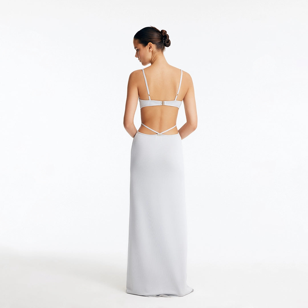 Calla Silver Knitted U-Wire Maxi Dress with Cut-Outs | Moeva | Dress | Each week unveils new pieces—luxury swimwear, fluid resort silhouettes, and elevated summer-to-evening essentials designed to carry you from coastal escapes to city nights.
