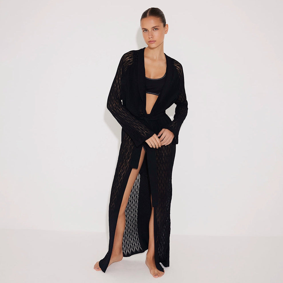 Chad Long Sleeve Belted Knitted Mesh Black Kaftan | Moeva | Kaftan | Each week unveils new pieces—luxury swimwear, fluid resort silhouettes, and elevated summer-to-evening essentials designed to carry you from coastal escapes to city nights.