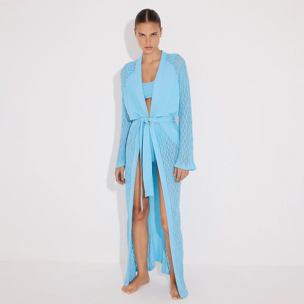 Chad Long Sleeve Belted Knitted Mesh Blue Kaftan | Moeva | Kaftan | Each week unveils new pieces—luxury swimwear, fluid resort silhouettes, and elevated summer-to-evening essentials designed to carry you from coastal escapes to city nights.