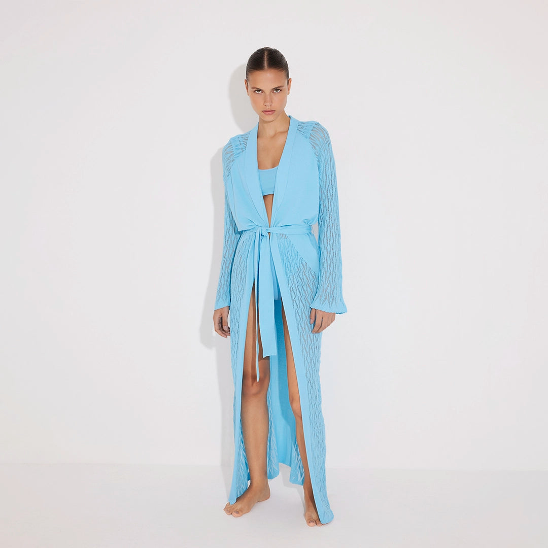 Chad Long Sleeve Belted Knitted Mesh Blue Kaftan | Moeva | Kaftans | Each week unveils new pieces—luxury swimwear, fluid resort silhouettes, and elevated summer-to-evening essentials designed to carry you from coastal escapes to city nights.