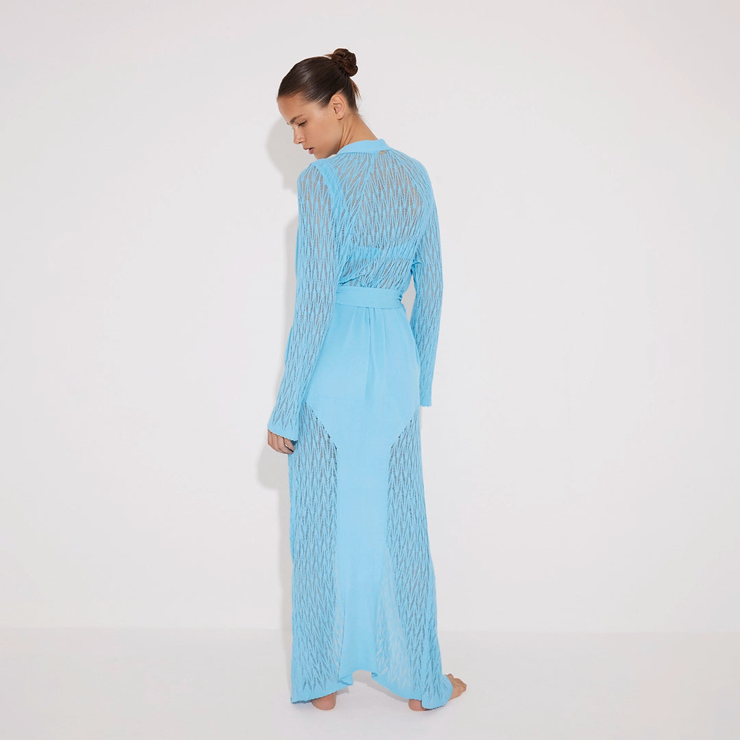 Chad Long Sleeve Belted Knitted Mesh Blue Kaftan | Moeva | Kaftans | Each week unveils new pieces—luxury swimwear, fluid resort silhouettes, and elevated summer-to-evening essentials designed to carry you from coastal escapes to city nights.