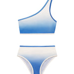 Coco Blue/White Kids Bikini Bottom laid flat, highlighting the vibrant blue-white design and snug fit.
