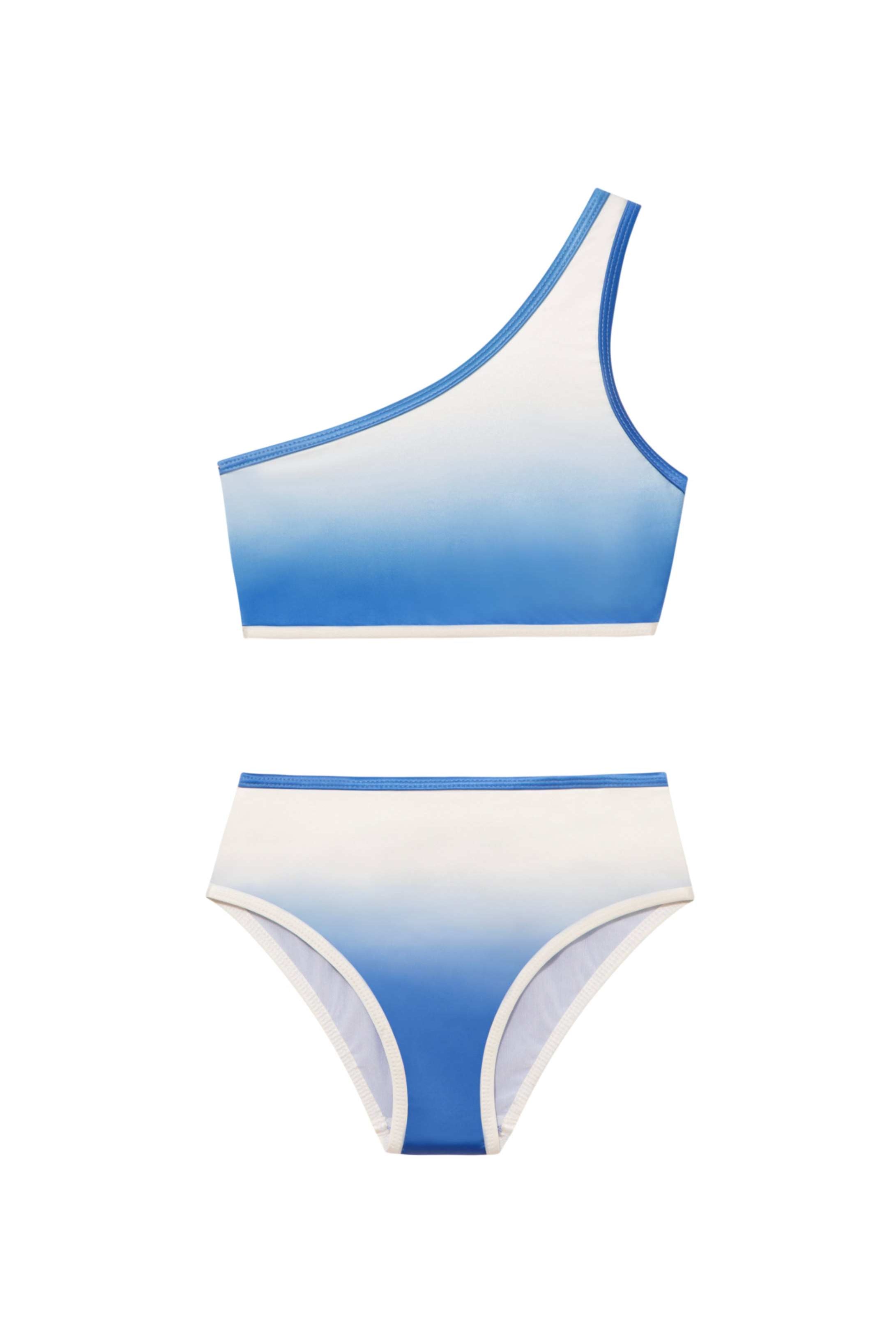 Coco Blue/White Kids Bikini Bottom laid flat, highlighting the vibrant blue-white design and snug fit.
