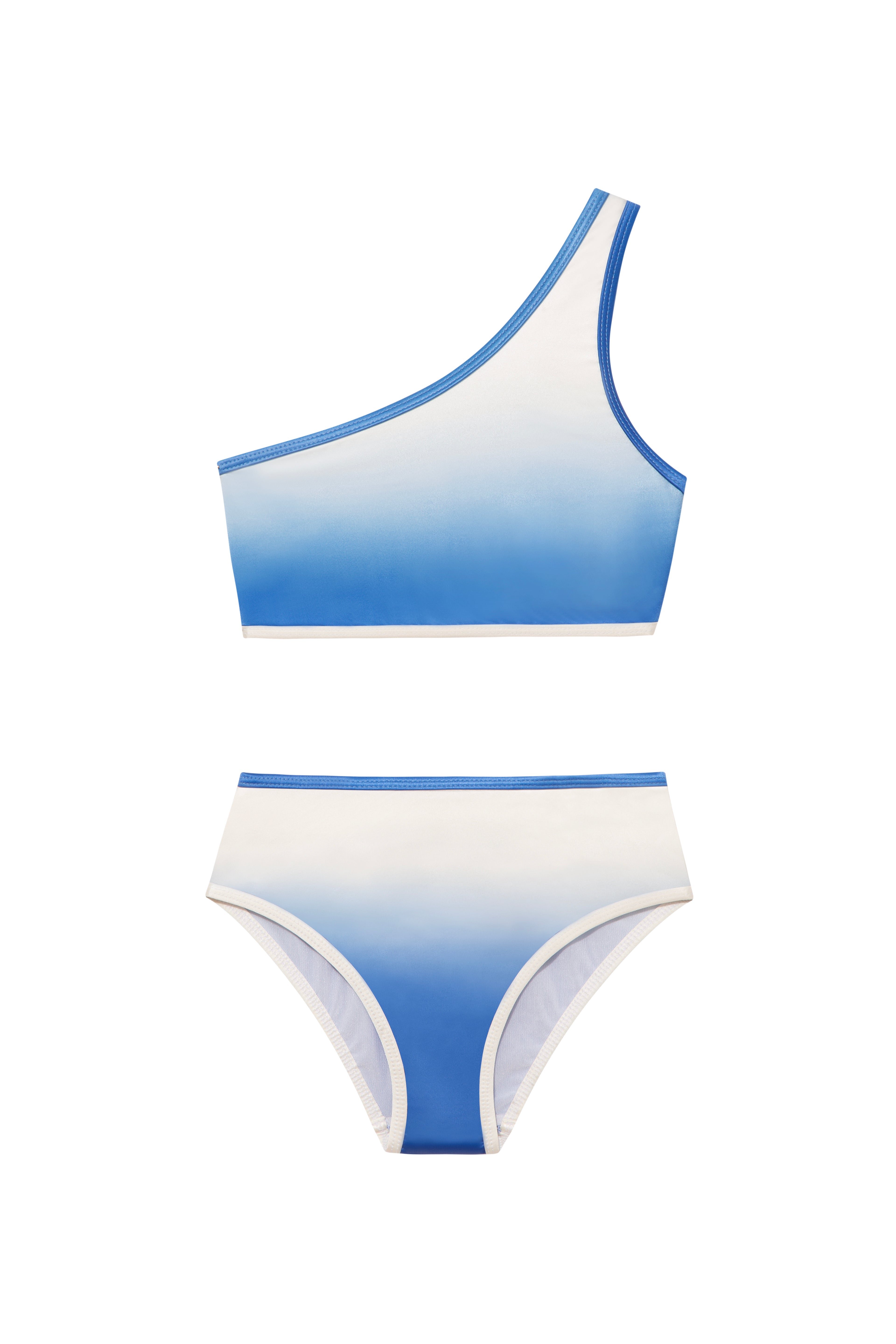 Coco Blue/White Kids Bikini Bottom laid flat, highlighting the vibrant blue-white design and snug fit.
