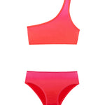 Coco Red/Pink Kids Bikini Top laid flat, displaying the bold print and pull-on design.
