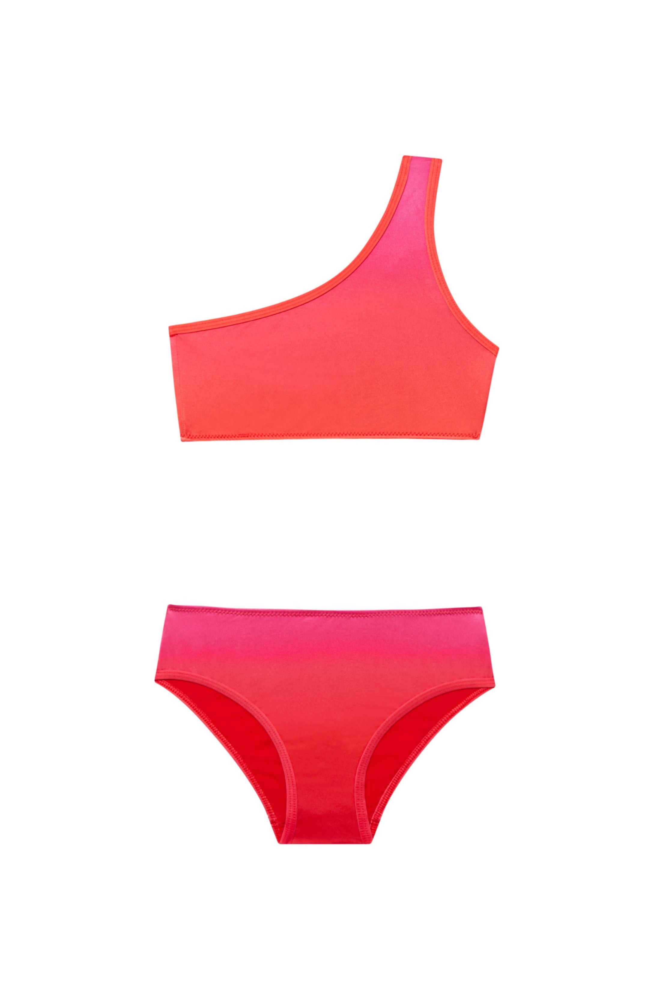 Coco Red/Pink Kids Bikini Top laid flat, displaying the bold print and pull-on design.
