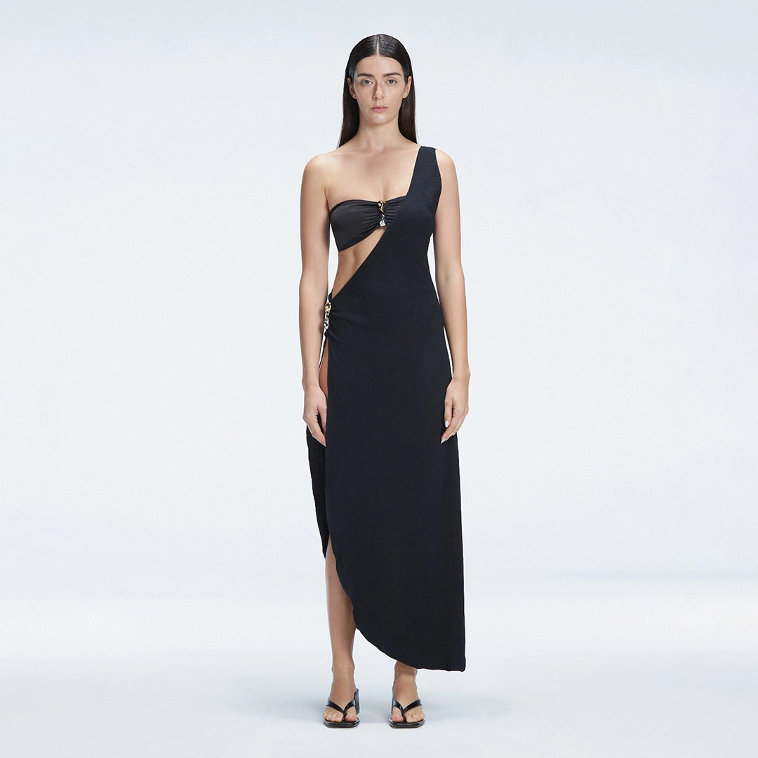 Coraline Black One Shoulder Asymetrical Maxi Dress | Moeva | Beachwear Dresses | Each week unveils new pieces—luxury swimwear, fluid resort silhouettes, and elevated summer-to-evening essentials designed to carry you from coastal escapes to city nights.