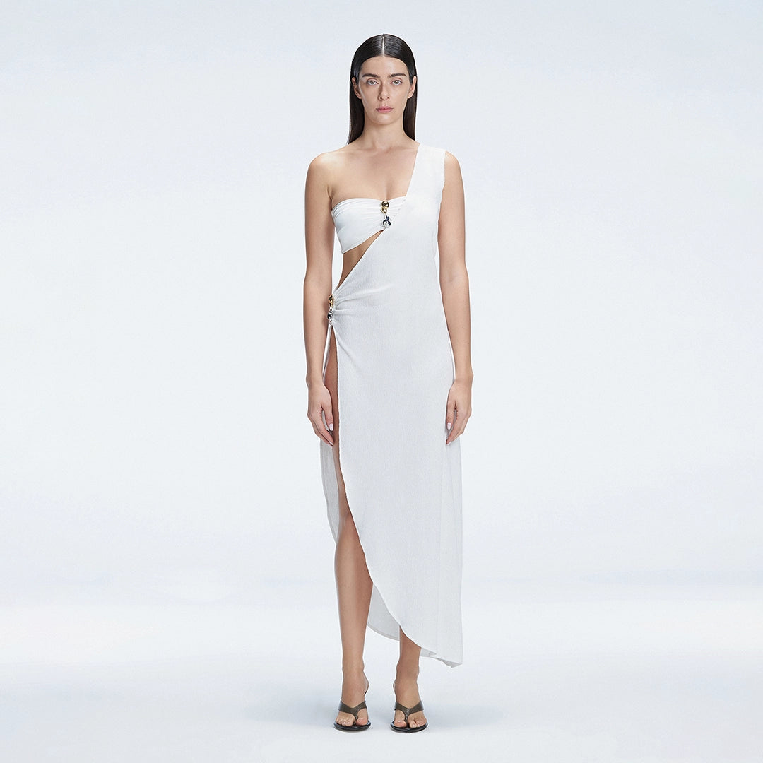 Coraline White One Shoulder Asymetrical Maxi Dress | Moeva | Beachwear Dresses | Each week unveils new pieces—luxury swimwear, fluid resort silhouettes, and elevated summer-to-evening essentials designed to carry you from coastal escapes to city nights.