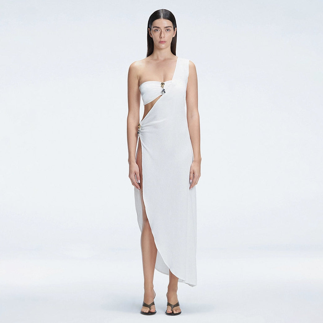 Coraline White One Shoulder Asymetrical Maxi Dress | Moeva | Dress | Each week unveils new pieces—luxury swimwear, fluid resort silhouettes, and elevated summer-to-evening essentials designed to carry you from coastal escapes to city nights.