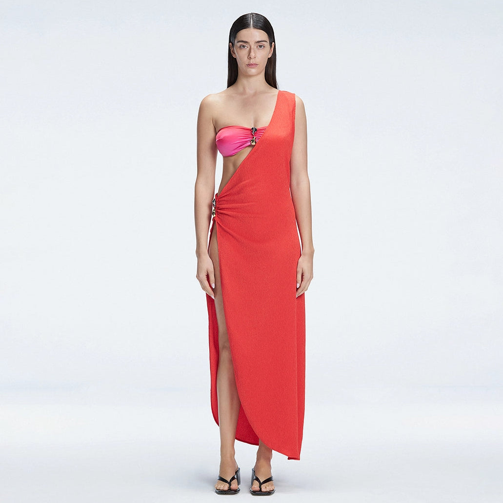Coraline Red One Shoulder Asymetrical Maxi Dress | Moeva | Dress | Each week unveils new pieces—luxury swimwear, fluid resort silhouettes, and elevated summer-to-evening essentials designed to carry you from coastal escapes to city nights.