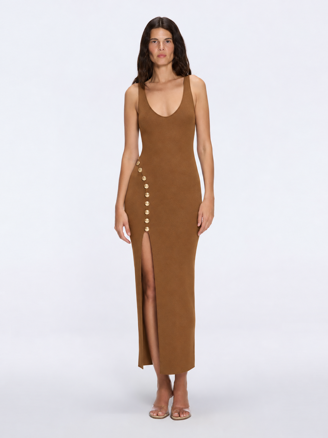 Raine Brown Knit Maxi Dress with Side Slit & Button Detail by Moeva | Dress from MOEVA's luxury swimwear and resortwear collection, perfect for beach days, resort escapes and summer styling.