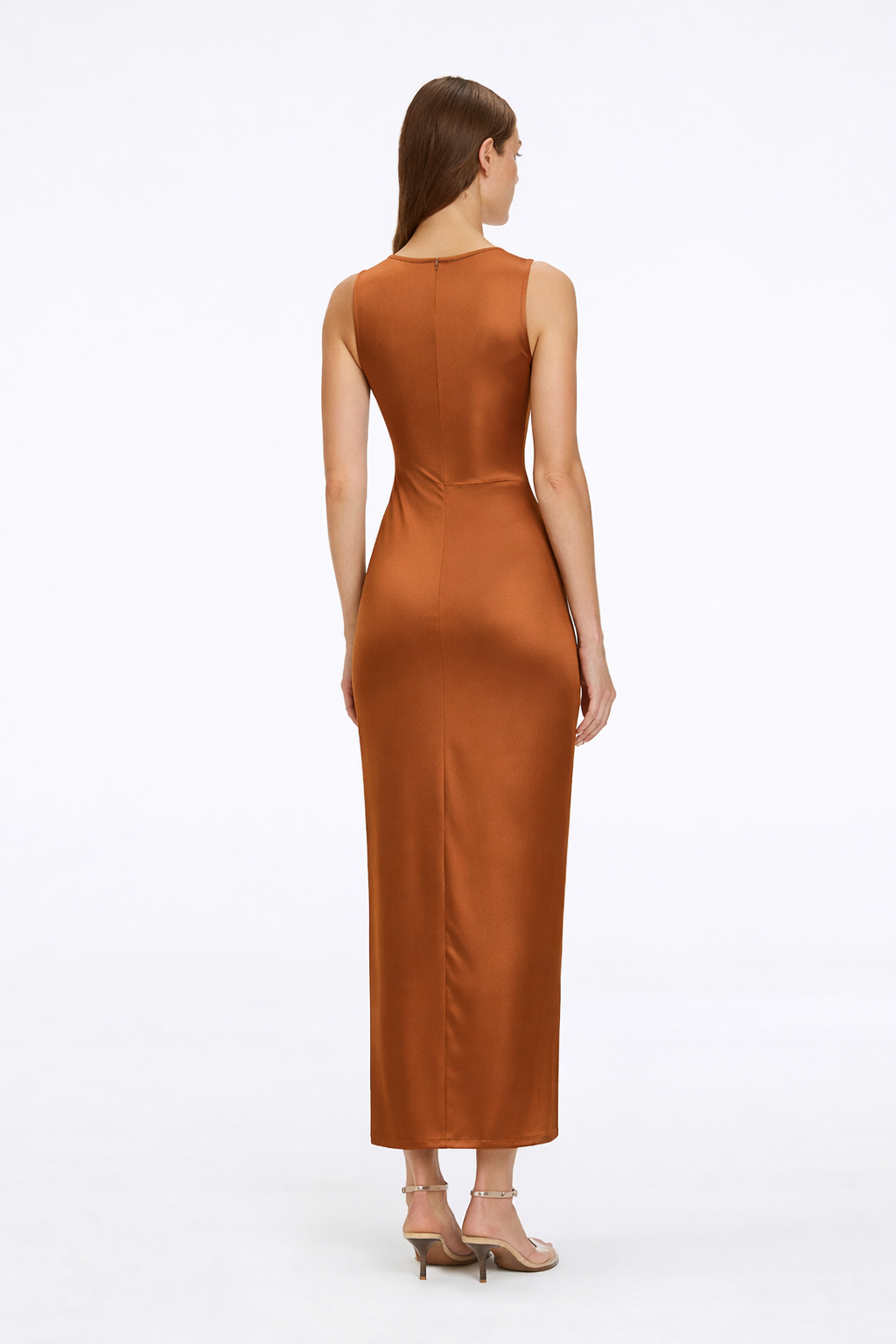Apollo Brown Satin Sleeveless Maxi Dress with Side Slit | Moeva | Dress | Each week unveils new pieces—luxury swimwear, fluid resort silhouettes, and elevated summer-to-evening essentials designed to carry you from coastal escapes to city nights.