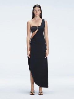 Front view of model wearing Coraline Black Dress with chic one-shoulder design and trendy buckle detail.
