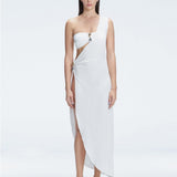 Front view of model wearing Coraline White Dress with chic one-shoulder design and trendy buckle detail.
