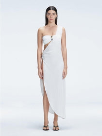 Front view of model wearing Coraline White Dress with chic one-shoulder design and trendy buckle detail.
