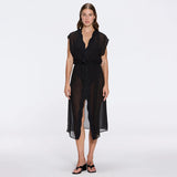 Dela Sleeveless Wavy-Trim Belted Sheer Black Kaftan | Moeva | Kaftans | Each week unveils new pieces—luxury swimwear, fluid resort silhouettes, and elevated summer-to-evening essentials designed to carry you from coastal escapes to city nights.