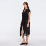 Dela Sleeveless Wavy-Trim Belted Sheer Black Kaftan | Moeva | Kaftans | Each week unveils new pieces—luxury swimwear, fluid resort silhouettes, and elevated summer-to-evening essentials designed to carry you from coastal escapes to city nights.
