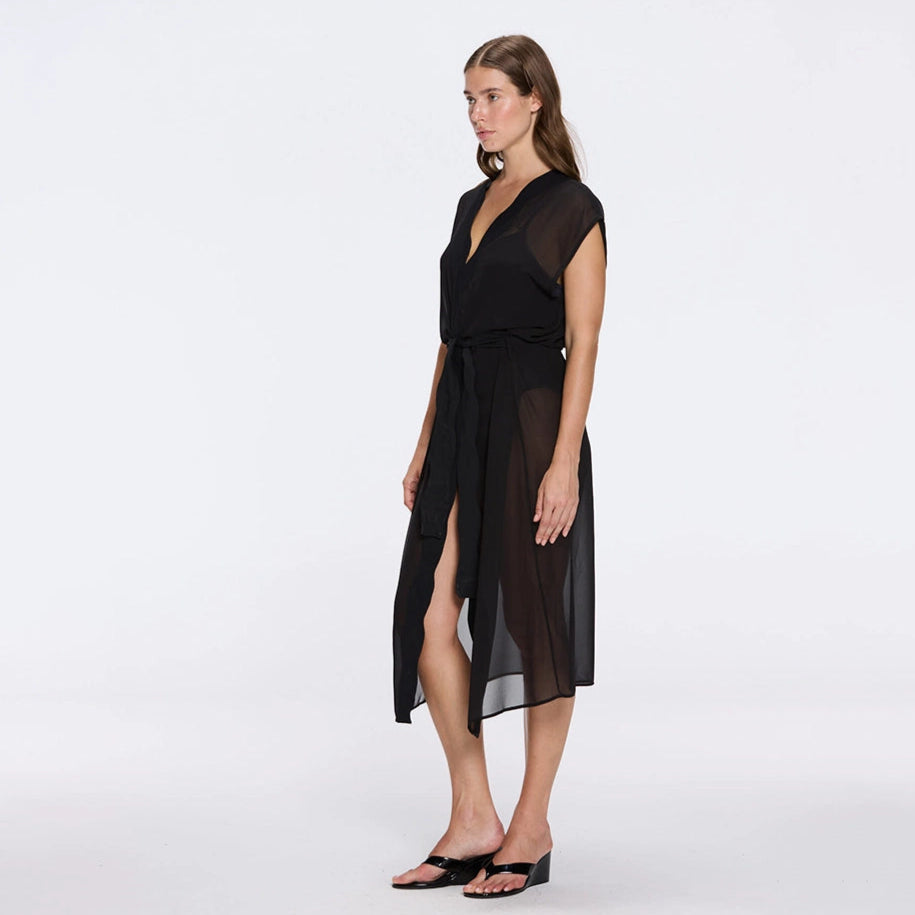 Dela Sleeveless Wavy-Trim Belted Sheer Black Kaftan | Moeva | Kaftans | Each week unveils new pieces—luxury swimwear, fluid resort silhouettes, and elevated summer-to-evening essentials designed to carry you from coastal escapes to city nights.