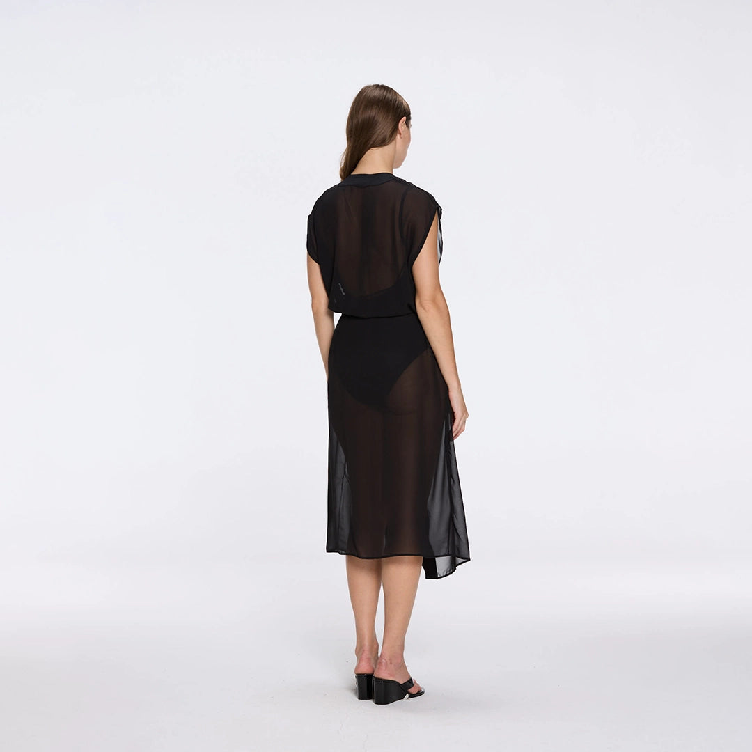 Dela Sleeveless Wavy-Trim Belted Sheer Black Kaftan | Moeva | Kaftans | Each week unveils new pieces—luxury swimwear, fluid resort silhouettes, and elevated summer-to-evening essentials designed to carry you from coastal escapes to city nights.