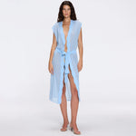 Dela Sleeveless Wavy-Trim Belted Sheer Blue Kaftan | Moeva | Kaftans | Each week unveils new pieces—luxury swimwear, fluid resort silhouettes, and elevated summer-to-evening essentials designed to carry you from coastal escapes to city nights.