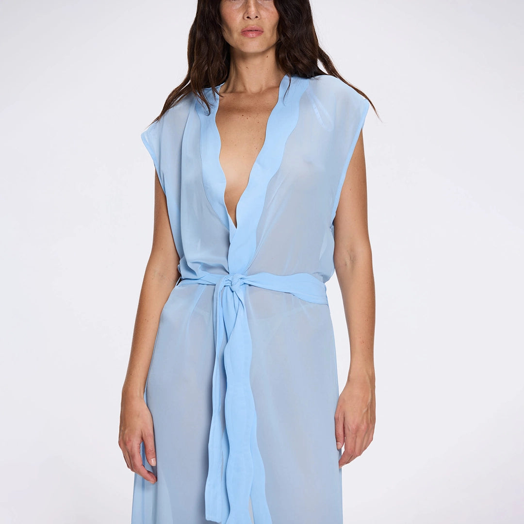 Dela Sleeveless Wavy-Trim Belted Sheer Blue Kaftan | Moeva | Kaftans | Each week unveils new pieces—luxury swimwear, fluid resort silhouettes, and elevated summer-to-evening essentials designed to carry you from coastal escapes to city nights.