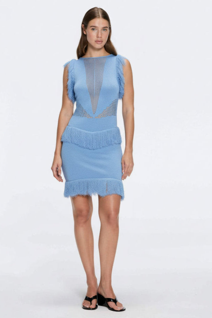 Diani Baby Blue Fringe Detail Sheer Panel Open Back Mini Dress | Moeva | Dress | Each week unveils new pieces—luxury swimwear, fluid resort silhouettes, and elevated summer-to-evening essentials designed to carry you from coastal escapes to city nights.