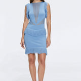 Diani Baby Blue Fringe Detail Sheer Panel Open Back Mini Dress