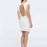 Diani White Fringe Detail Sheer Panel Open Back Mini Dress | Moeva | RTW Dresses | Each week unveils new pieces—luxury swimwear, fluid resort silhouettes, and elevated summer-to-evening essentials designed to carry you from coastal escapes to city nights.
