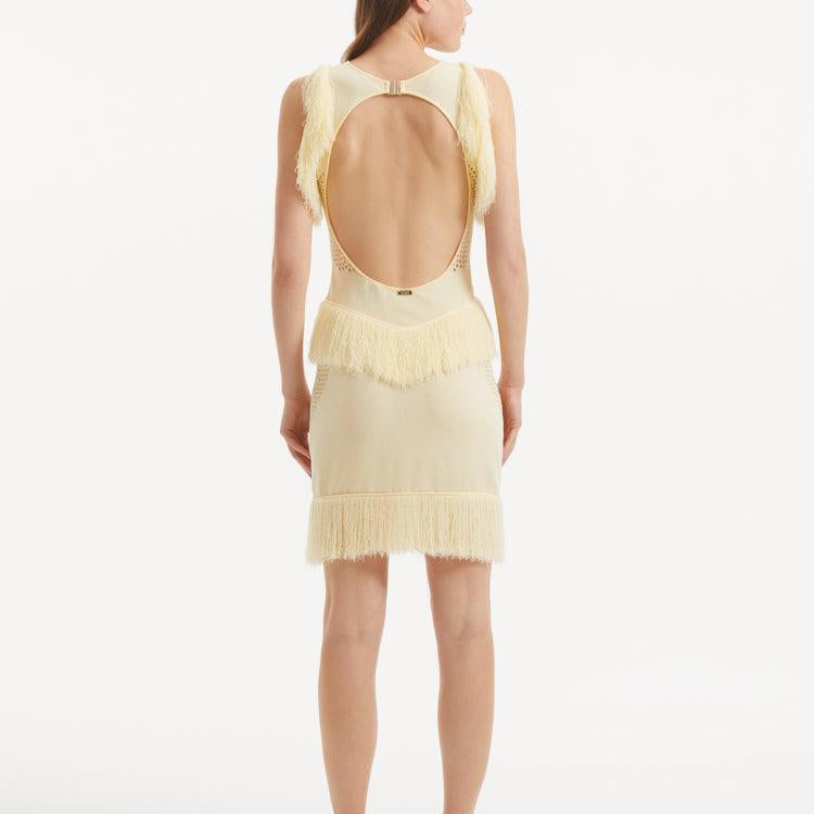 Diani Yellow Fringe Detail Sheer Panel Open Back Mini Dress | Moeva | Dress | Each week unveils new pieces—luxury swimwear, fluid resort silhouettes, and elevated summer-to-evening essentials designed to carry you from coastal escapes to city nights.