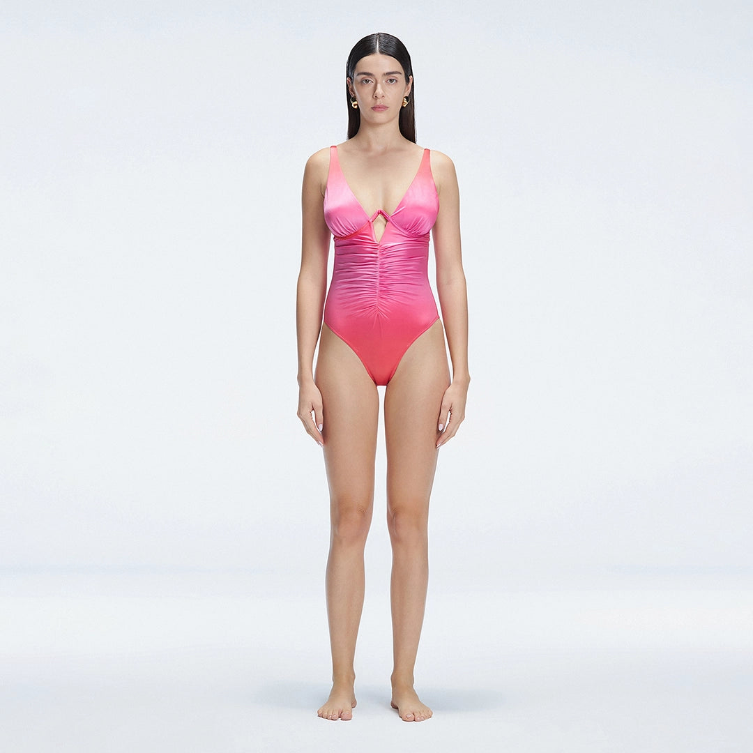 Emma Gradient V Neck Satin Swimsuit | Moeva | One-Piece | Each week unveils new pieces—luxury swimwear, fluid resort silhouettes, and elevated summer-to-evening essentials designed to carry you from coastal escapes to city nights.