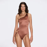 Esterelle One Shoulder Gold Detailed Satin Brown Swimsuit | Moeva | Swimsuit | Each week unveils new pieces—luxury swimwear, fluid resort silhouettes, and elevated summer-to-evening essentials designed to carry you from coastal escapes to city nights.
