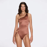 Esterelle One Shoulder Gold Detailed Satin Brown Swimsuit | Moeva | Swimsuit | Each week unveils new pieces—luxury swimwear, fluid resort silhouettes, and elevated summer-to-evening essentials designed to carry you from coastal escapes to city nights.