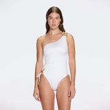 Esterelle One Shoulder Gold Detailed Satin White Swimsuit | Moeva | Swimsuit | Each week unveils new pieces—luxury swimwear, fluid resort silhouettes, and elevated summer-to-evening essentials designed to carry you from coastal escapes to city nights.
