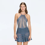 Eze Metallic Knit High-Waist Mini Blue Skirt | Moeva | Skirt | Each week unveils new pieces—luxury swimwear, fluid resort silhouettes, and elevated summer-to-evening essentials designed to carry you from coastal escapes to city nights.