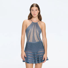 Eze Metallic Knit High-Waist Mini Blue Skirt | Moeva | Skirt | Each week unveils new pieces—luxury swimwear, fluid resort silhouettes, and elevated summer-to-evening essentials designed to carry you from coastal escapes to city nights.