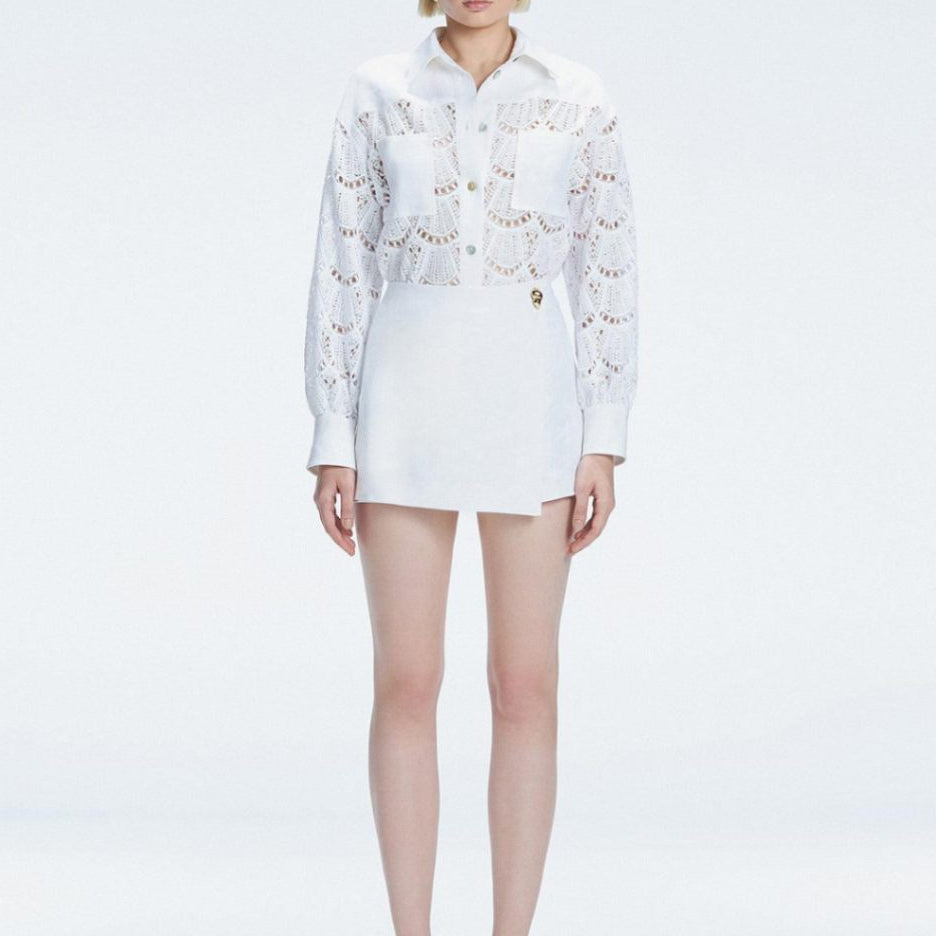 Nola White Long Sleeve Cotton Shirt and Elise White Linen Mini Skort Set | Moeva | Set | Each week unveils new pieces—luxury swimwear, fluid resort silhouettes, and elevated summer-to-evening essentials designed to carry you from coastal escapes to city nights.
