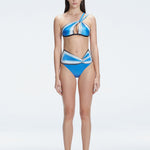 Front view of model wearing Eva Blue Optical Bikini Set with high-waist cut and printed fabric.
