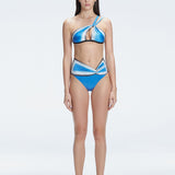 Front view of model wearing Eva Blue Optical Bikini Set with high-waist cut and printed fabric.
