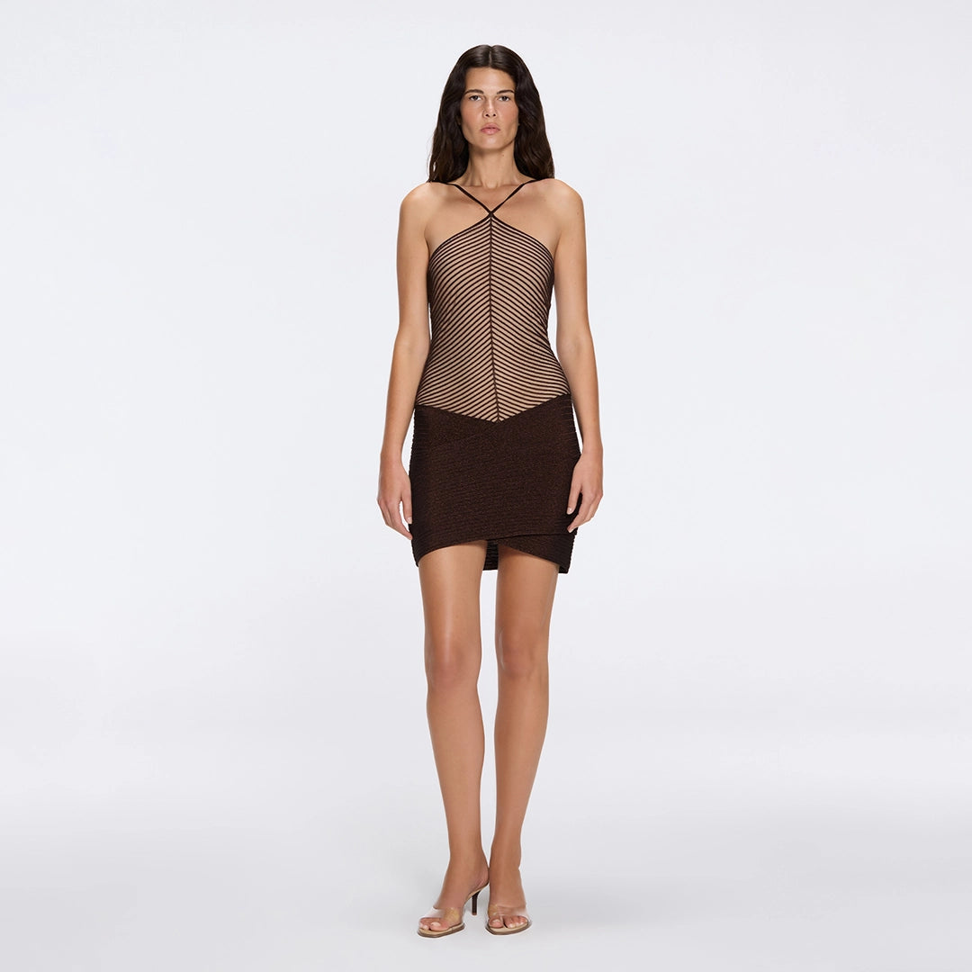 Ferrat Brown Metallic Knitted Halter Mini Dres | Moeva | Dress | Each week unveils new pieces—luxury swimwear, fluid resort silhouettes, and elevated summer-to-evening essentials designed to carry you from coastal escapes to city nights.