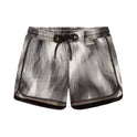 Finn Black Optical Swim Shorts laid flat, showcasing the piping detail and modern black print.
