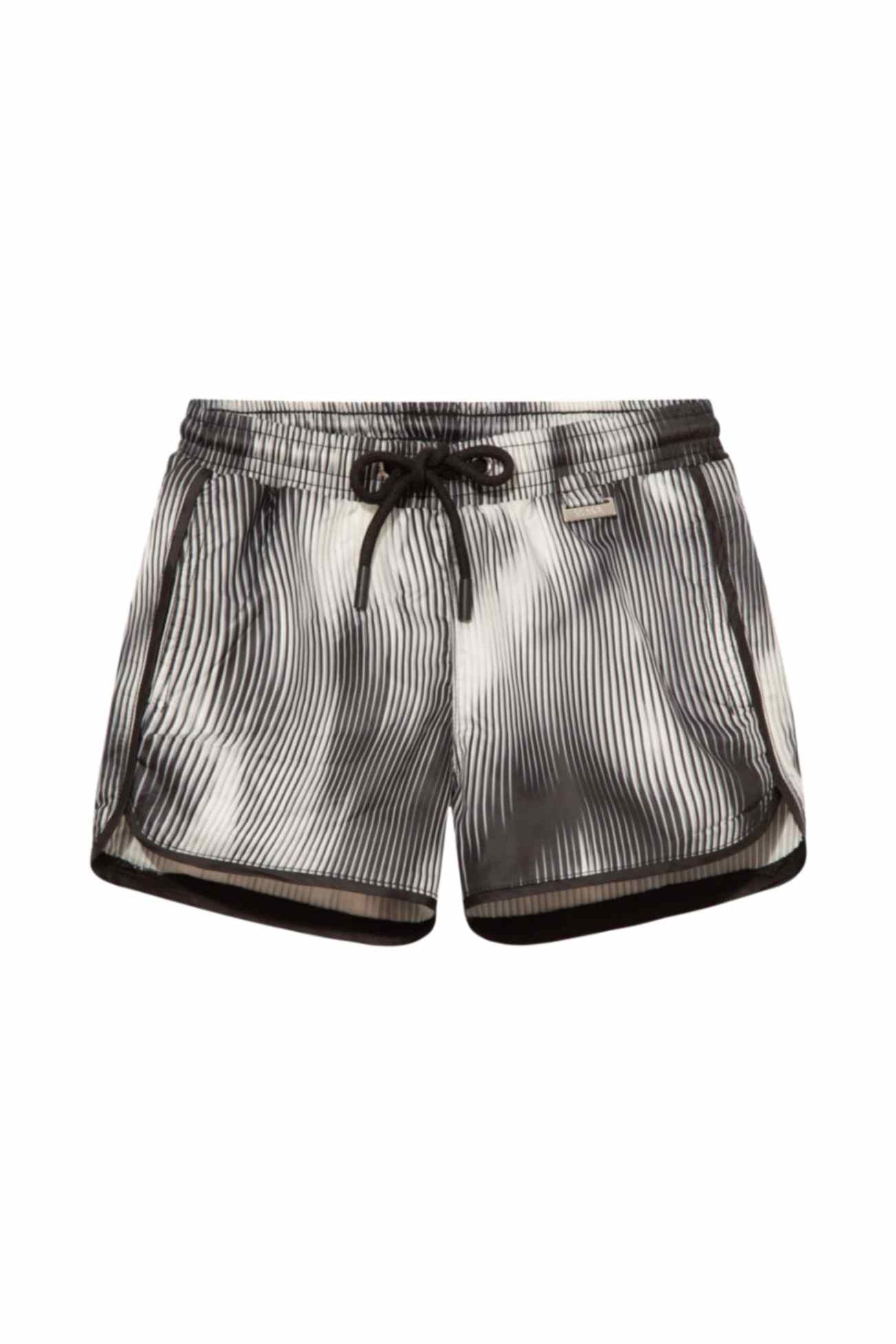 Finn Black Optical Swim Shorts laid flat, showcasing the piping detail and modern black print.
