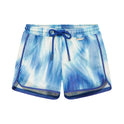 Finn Blue Optical Swim Shorts laid flat, displaying the bold blue print and front tie chords for a customized fit.
