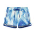 Finn Blue Optical Swim Shorts laid flat, displaying the bold blue print and front tie chords for a customized fit.
