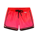 Finn Pink Degraded Swim Shorts laid flat, displaying the bold pink-red print and front tie chords for a custom fit.
