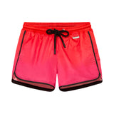 Finn Pink Degraded Swim Shorts laid flat, displaying the bold pink-red print and front tie chords for a custom fit.
