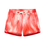 Finn Red Optical Swim Shorts laid flat, displaying the bold red print and adjustable tie chords for a custom fit.
