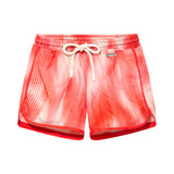 Finn Red Optical Swim Shorts laid flat, displaying the bold red print and adjustable tie chords for a custom fit.
