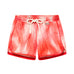 Finn Red Optical Swim Shorts laid flat, displaying the bold red print and adjustable tie chords for a custom fit.
