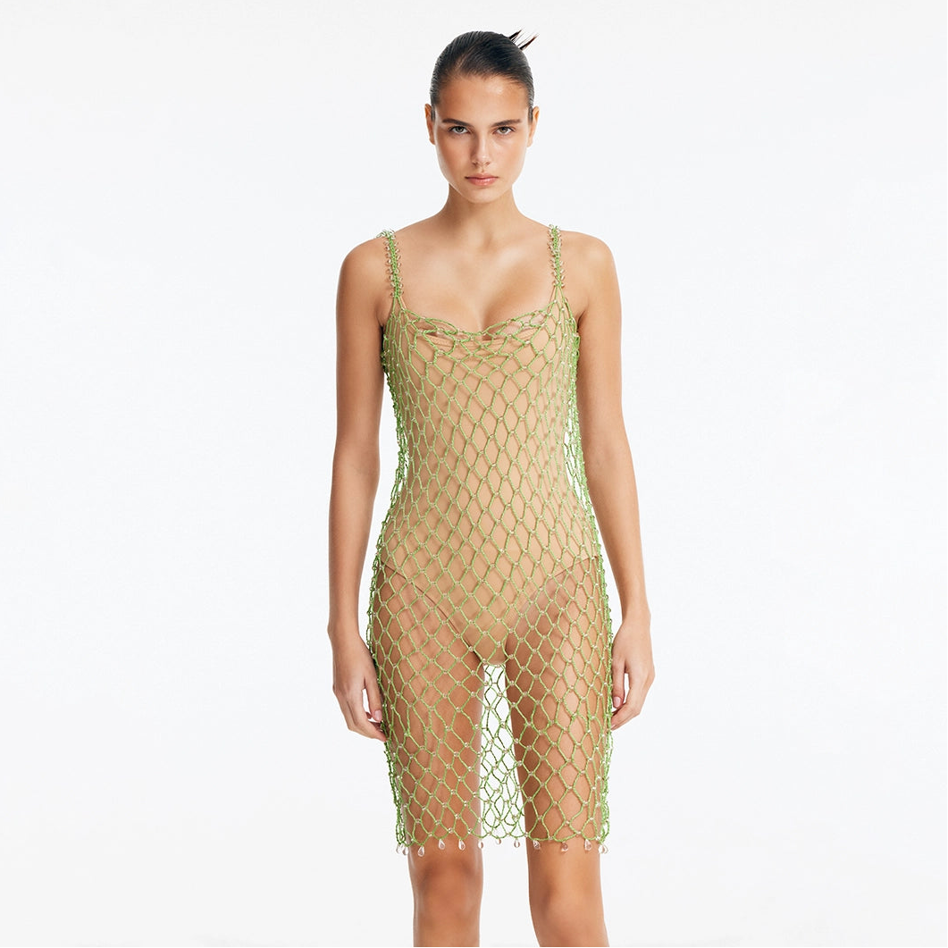 Flora Green Scoop-Neck Swimsuit with Beaded Macrame Overlay | Moeva | Swimsuit | Each week unveils new pieces—luxury swimwear, fluid resort silhouettes, and elevated summer-to-evening essentials designed to carry you from coastal escapes to city nights.